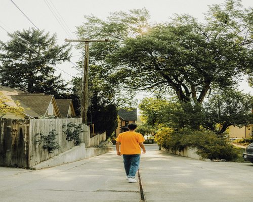 A person walking comfortably through a tree-lined urban street